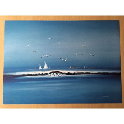 Zee met bootjes litho blauw 50 x 70 cm